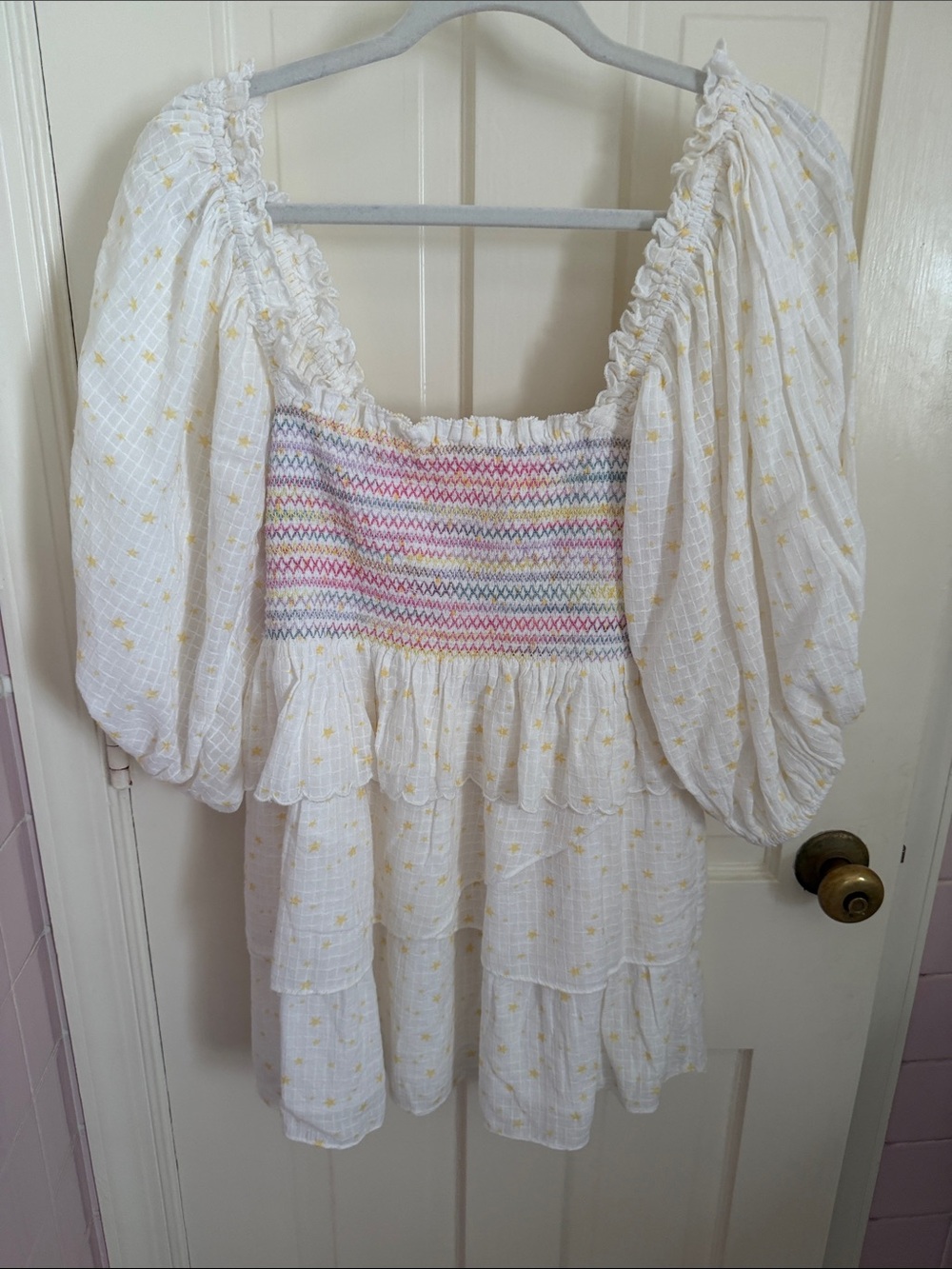 LoveShackFancy White Dress with Yellow Star Print and Multicolor Smocked Bodice